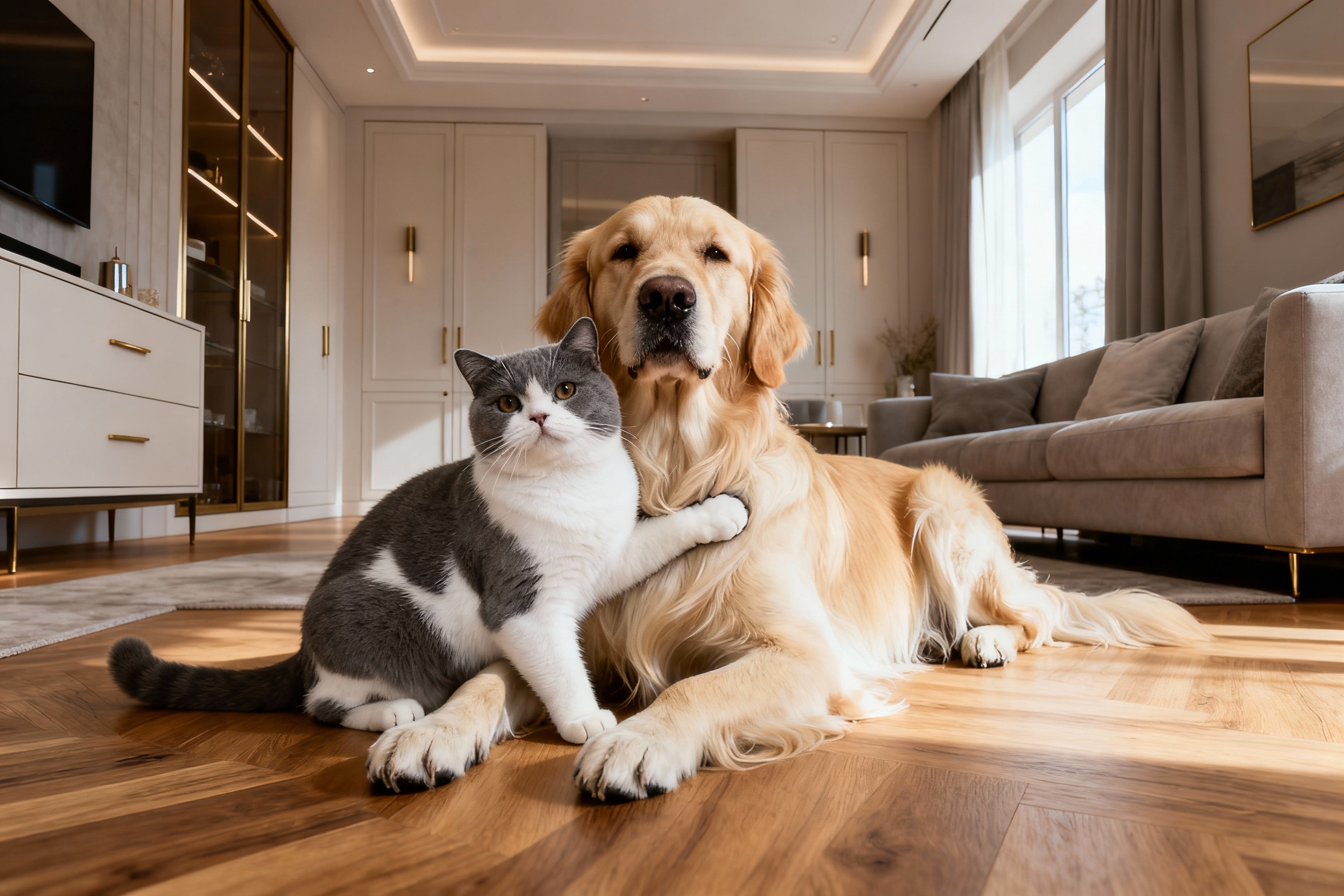 Golden retriever i kot brytyjski leżą razem na podłodze w mieszkaniu